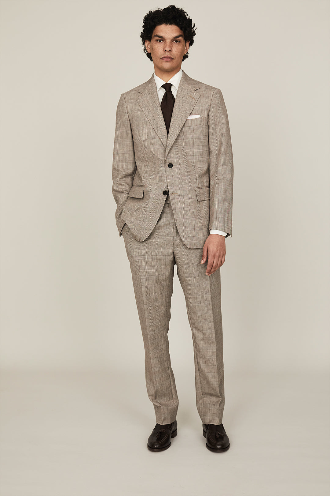 Tan Gun Check Single Breasted Suit - Oscar Hunt