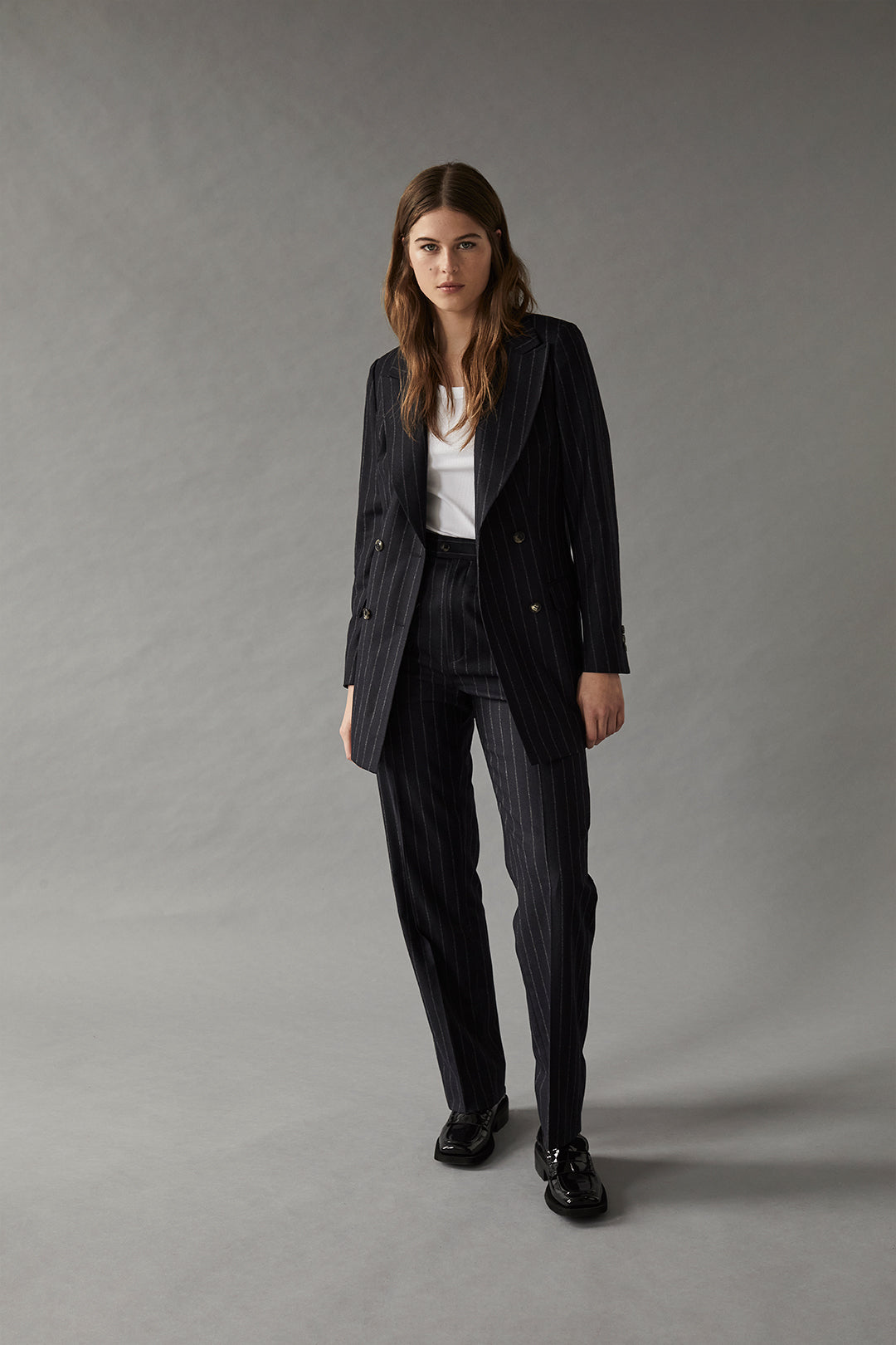 Navy Flannel Chalk Stripe Double Breasted Suit - Oscar Hunt