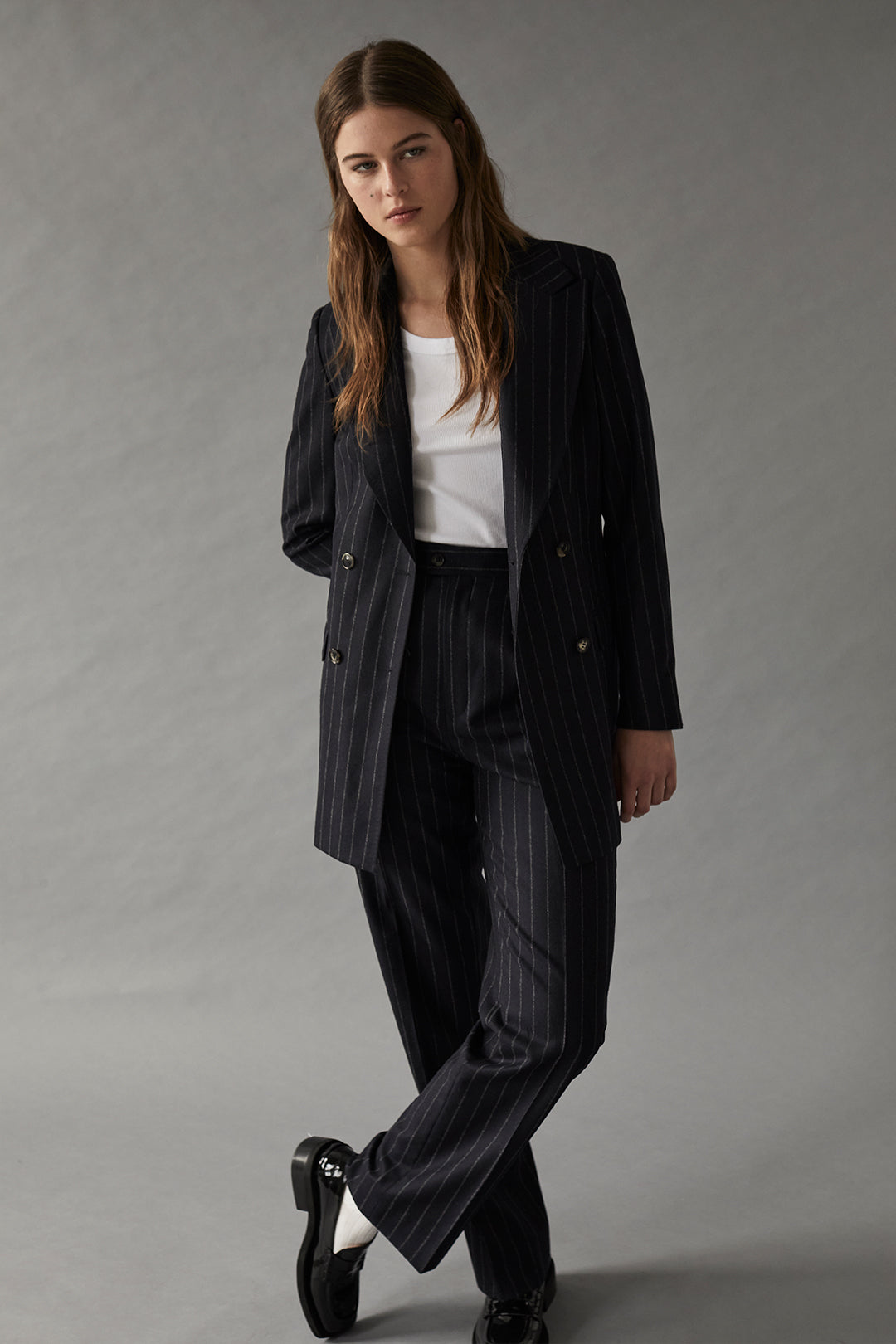 Navy Flannel Chalk Stripe Double Breasted Suit - Oscar Hunt