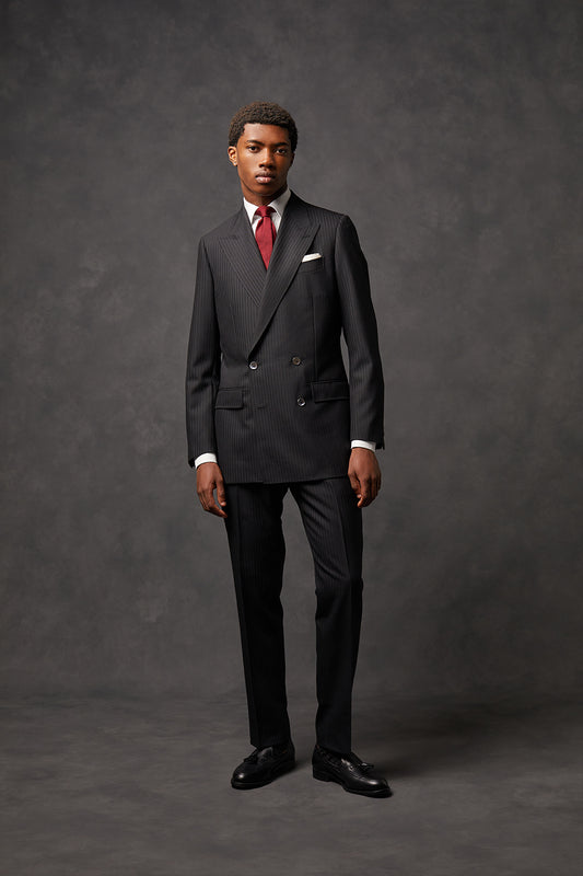 Black Self-Stripe Double Breasted Suit - Oscar Hunt