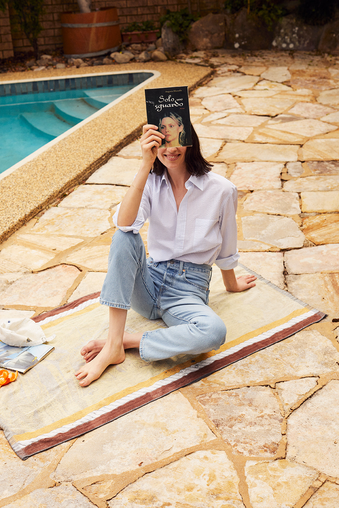 Blue/White Seersucker Point Collar Half Placket Pop-over Shirt - Oscar Hunt