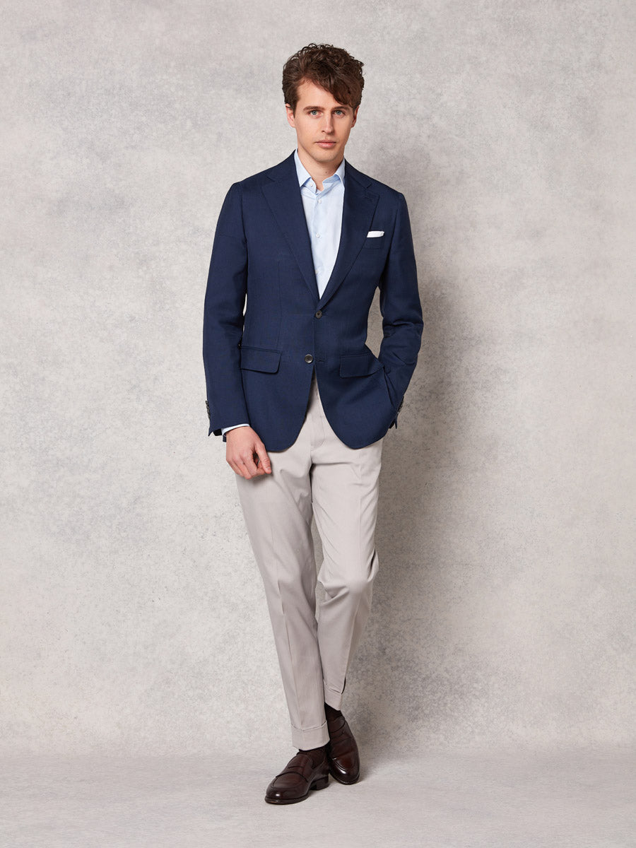 Navy silk jacket light grey cotton trouser Oscar Hunt