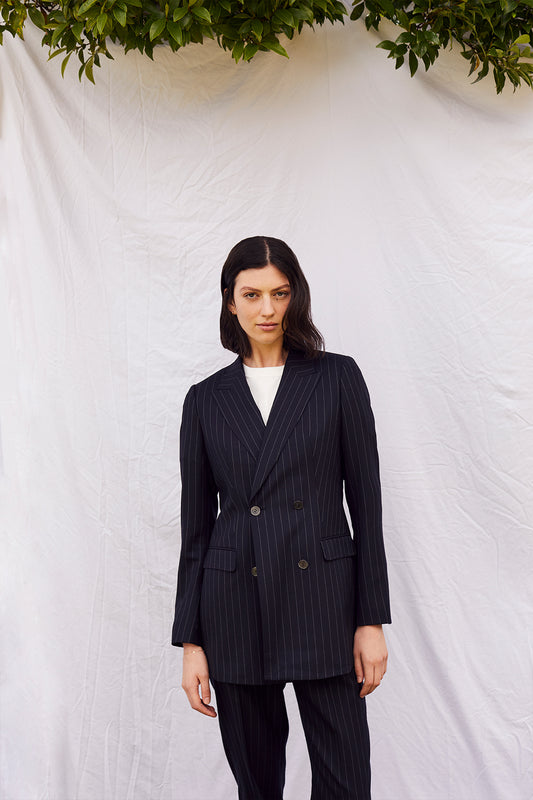 Navy Pinstripe Double Breasted Suit - Oscar Hunt