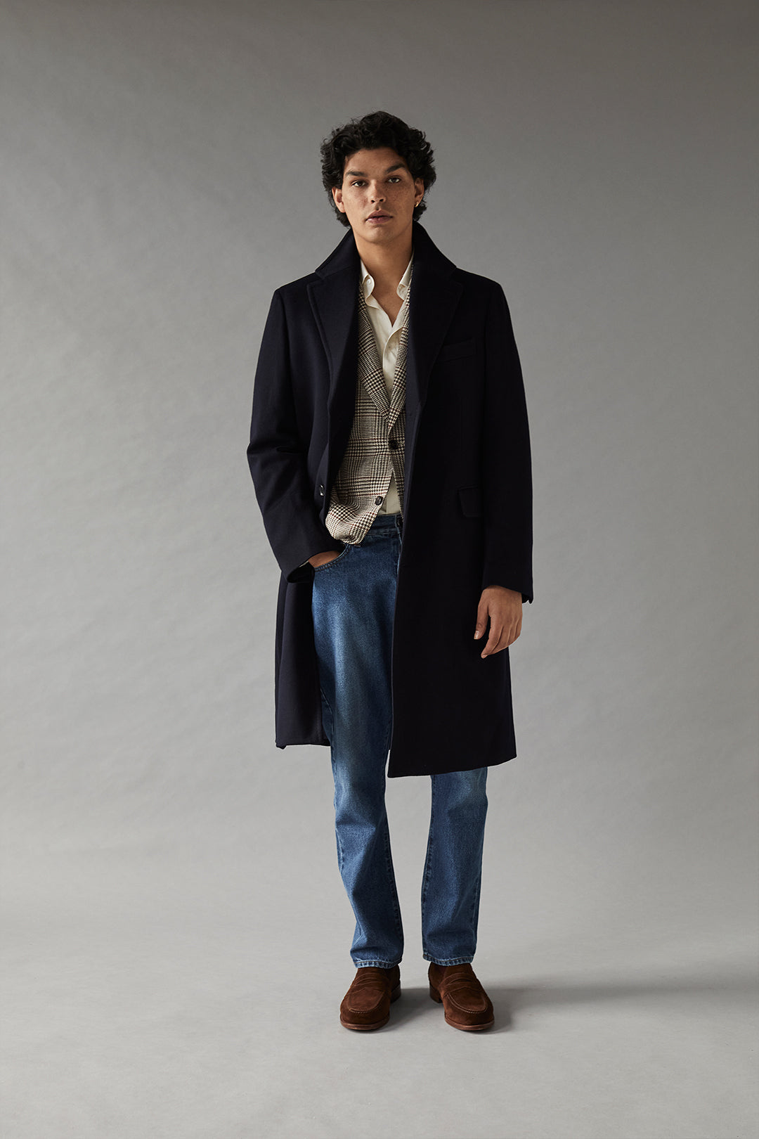 Navy Single Breasted Overcoat - Oscar Hunt