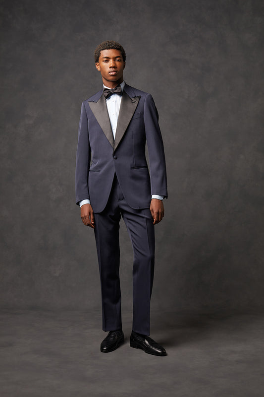 Midnight Blue Single Breasted Suit With Black Sating Trimmed Lapels - Oscar Hunt