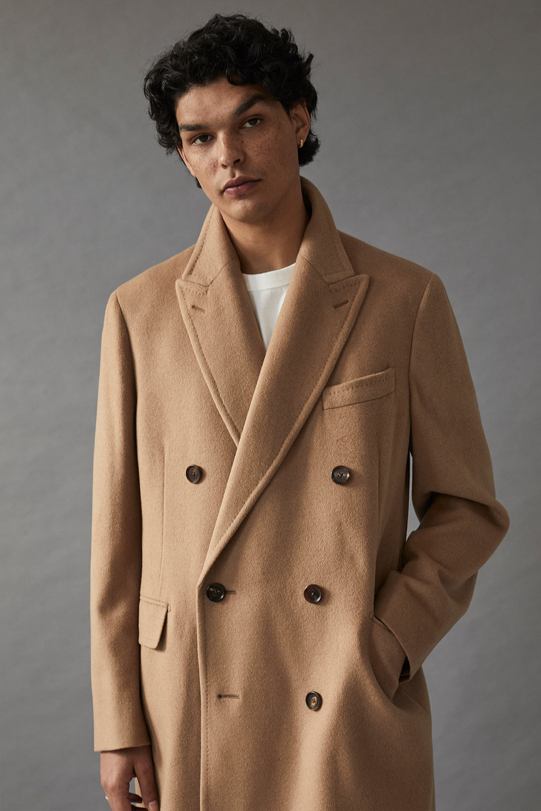 Camel Double Breasted Overcoat - Oscar Hunt