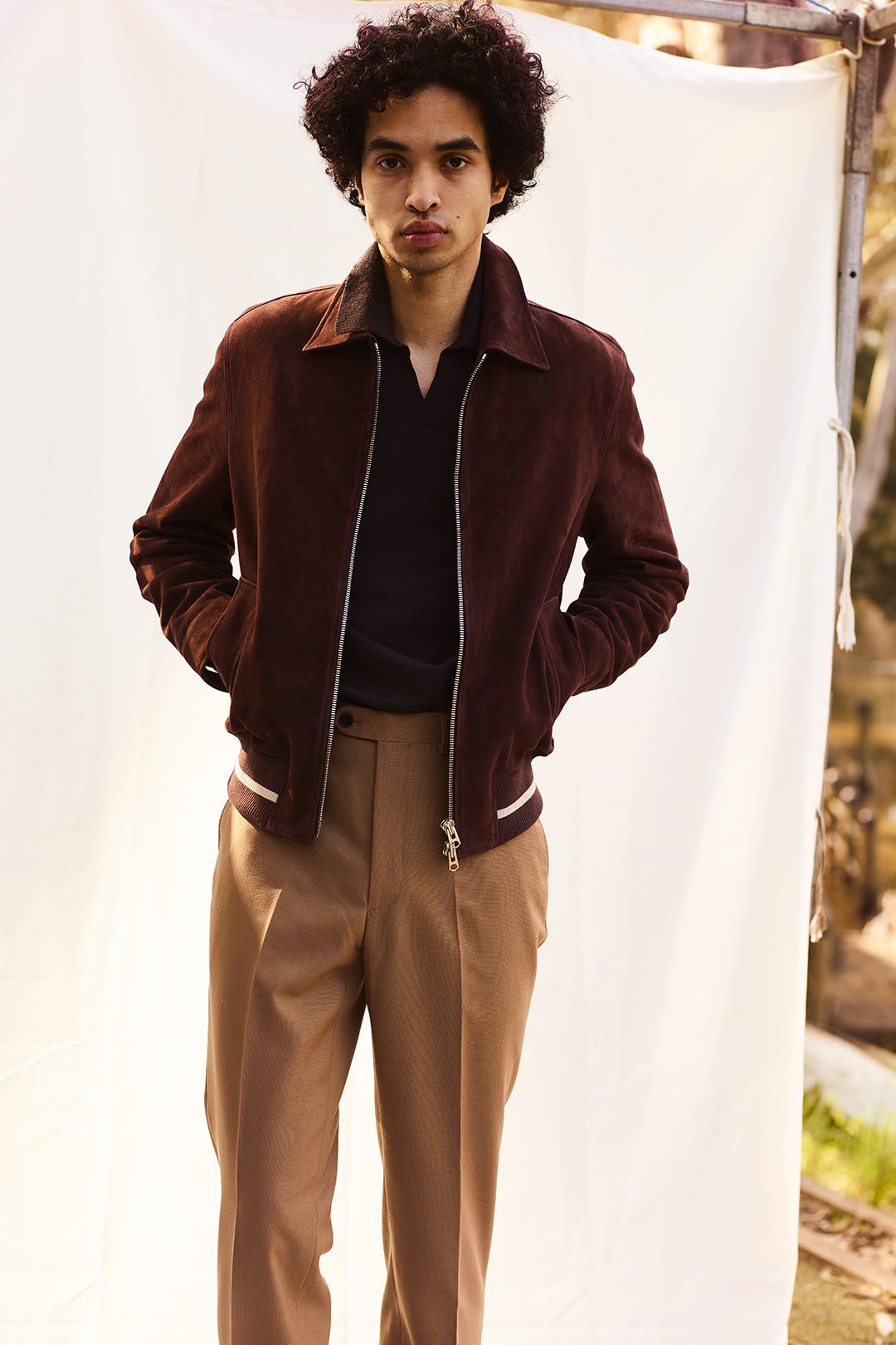 Chocolate Brown Suede Blouson and Camel Trousers