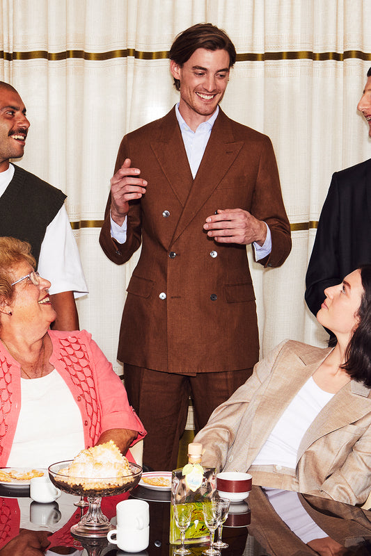 Tobacco Plain Weave Double Breasted Suit - Oscar Hunt