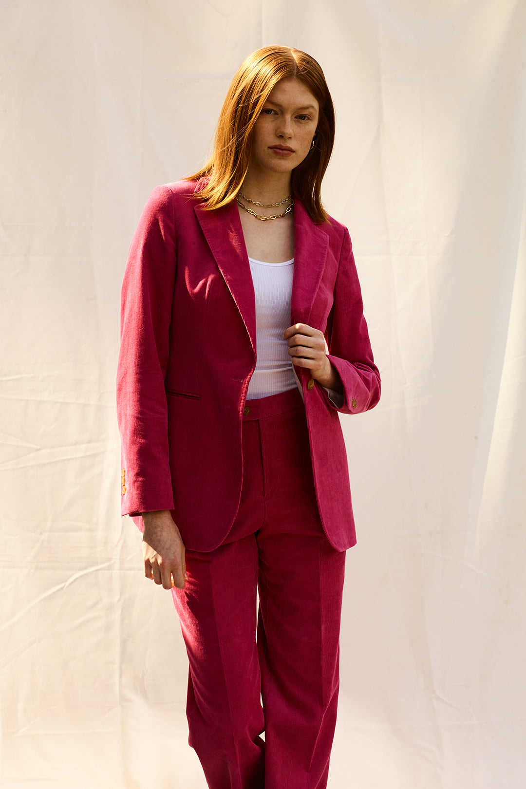 Fuchsia Baby Cord Single Breasted Notch Lapel Suit