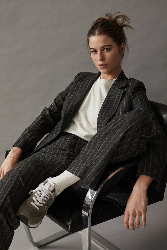 Charcoal Flannel Chalk Stripe Double Breasted Suit - Oscar Hunt