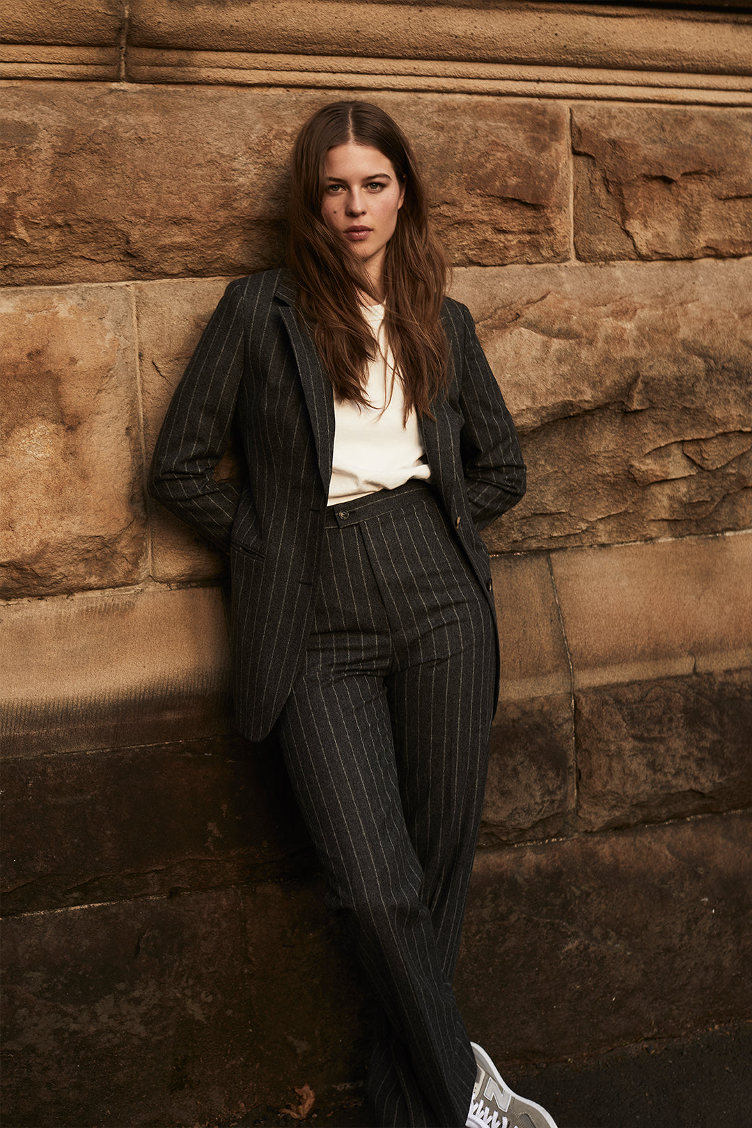 Charcoal Flannel Chalk Stripe Double Breasted Suit - Oscar Hunt