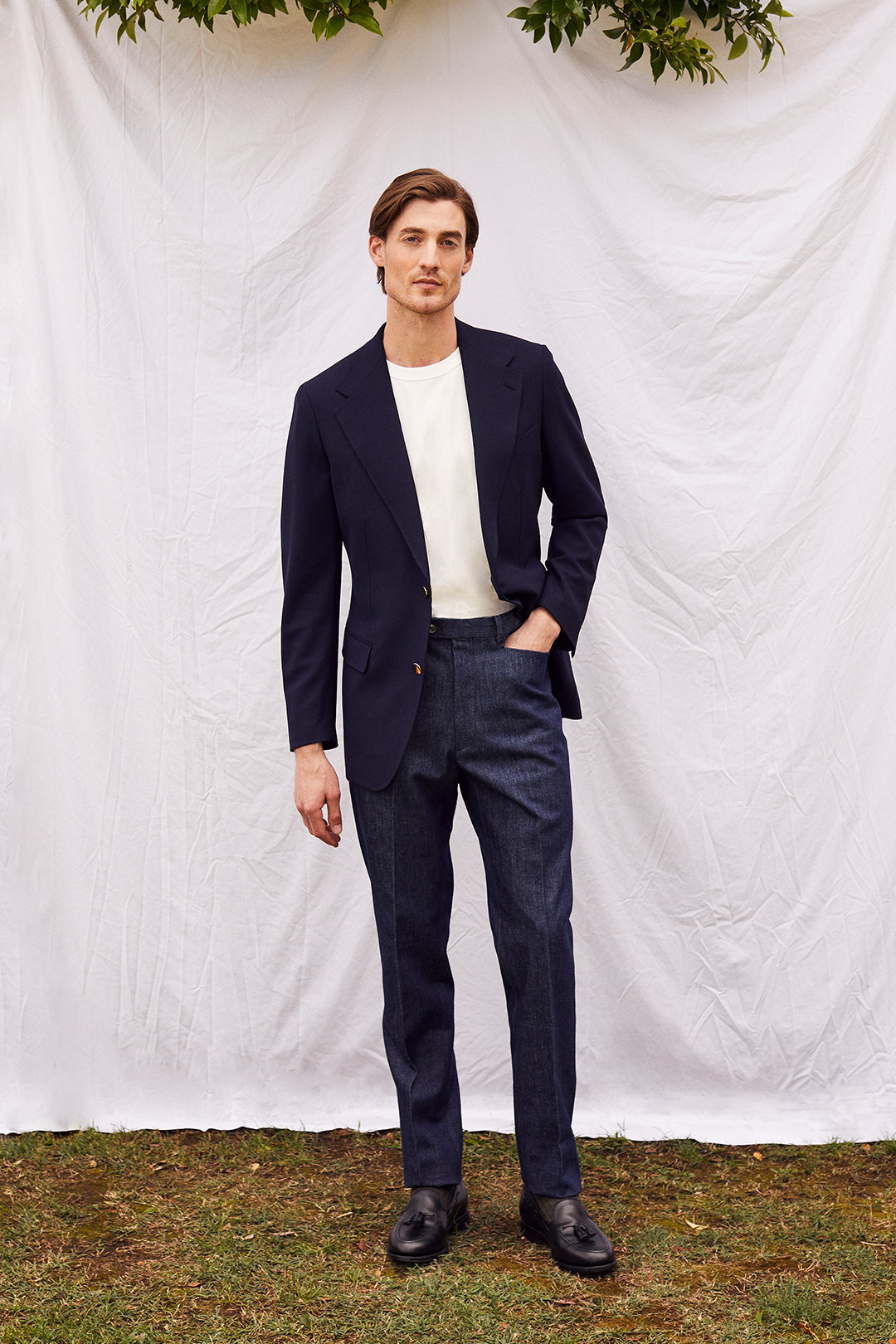 Navy Mock Lino Single Breasted Jacket and Navy Twill Flat Front Frogmouth Trouser - Oscar Hunt