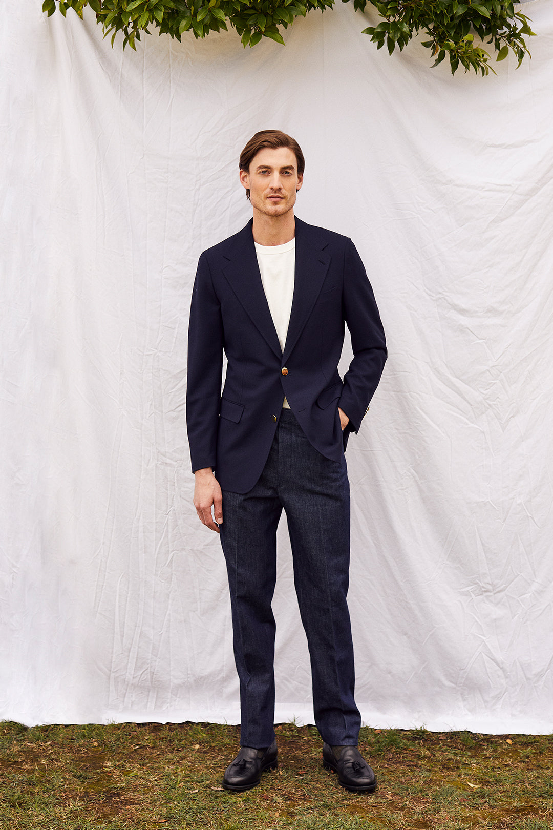 Navy Mock Lino Single Breasted Jacket and Navy Twill Flat Front Frogmouth Trouser - Oscar Hunt