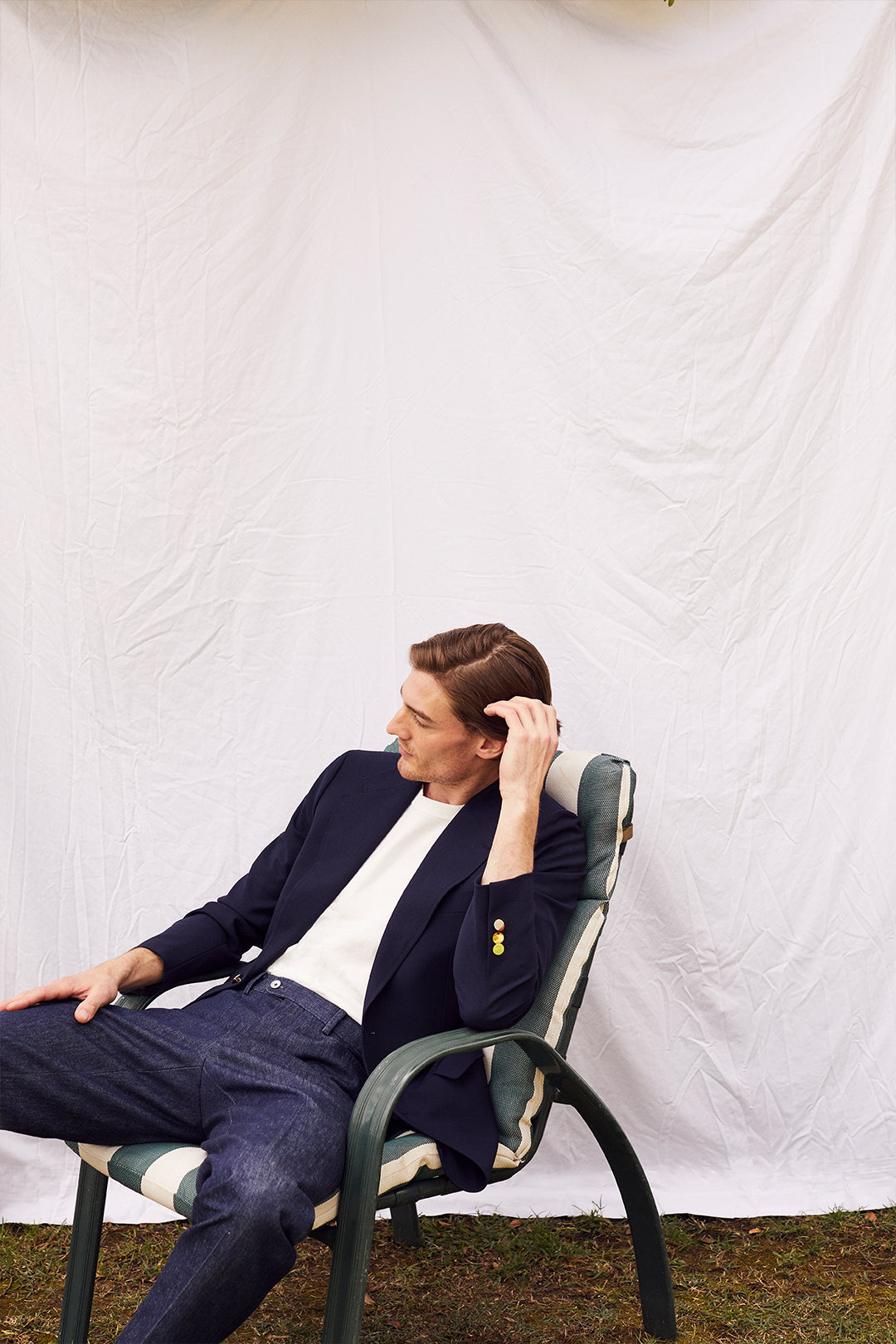 Navy Mock Lino Single Breasted Jacket and Navy Twill Flat Front Frogmouth Trouser - Oscar Hunt