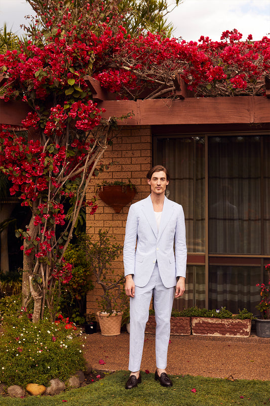 Blue/White Seersucker Single Breasted Suit - Oscar Hunt