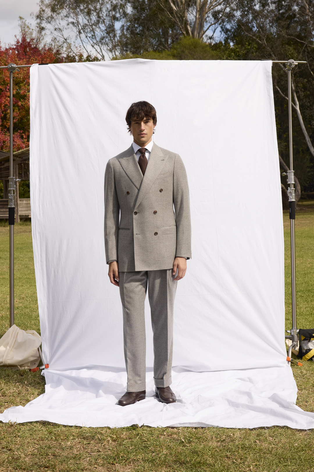 Gray and Brown Pinstripe Wool Cashmere Double Breasted Suit