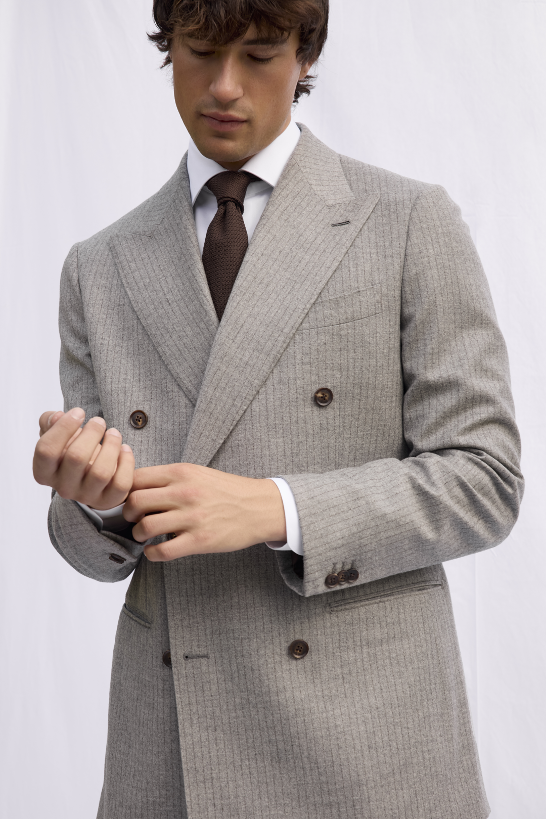 Gray and Brown Pinstripe Wool Cashmere Double Breasted Suit