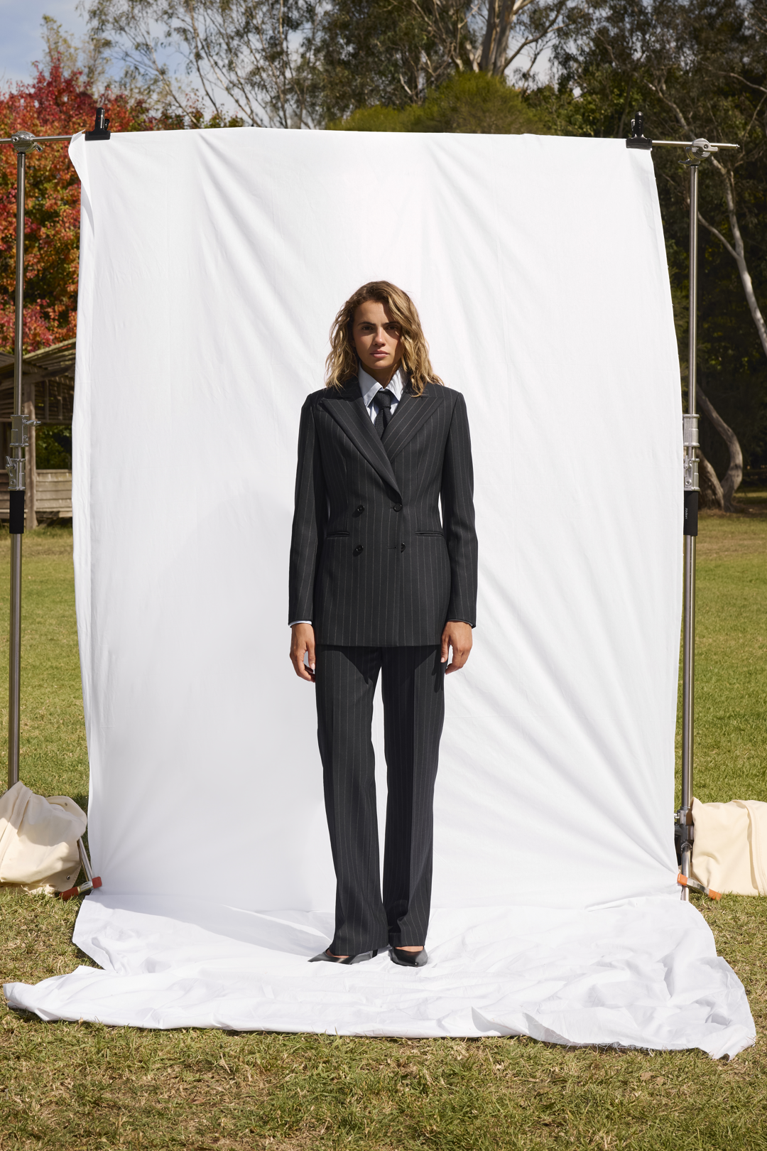 Navy Pinstripe High Twist Wool Double Breasted Suit
