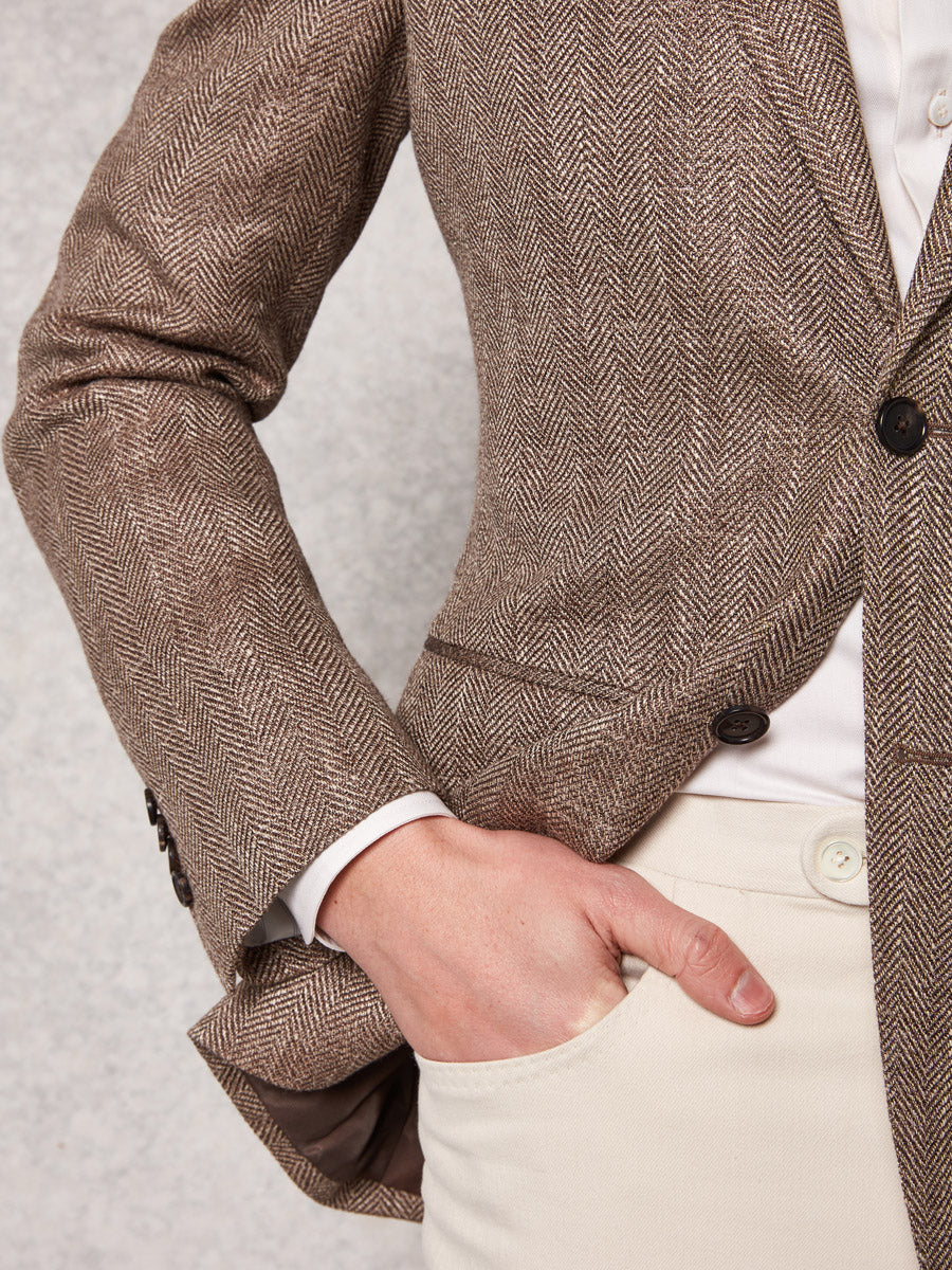 Brown herringbone jacket + off white denim trouser - Oscar Hunt
