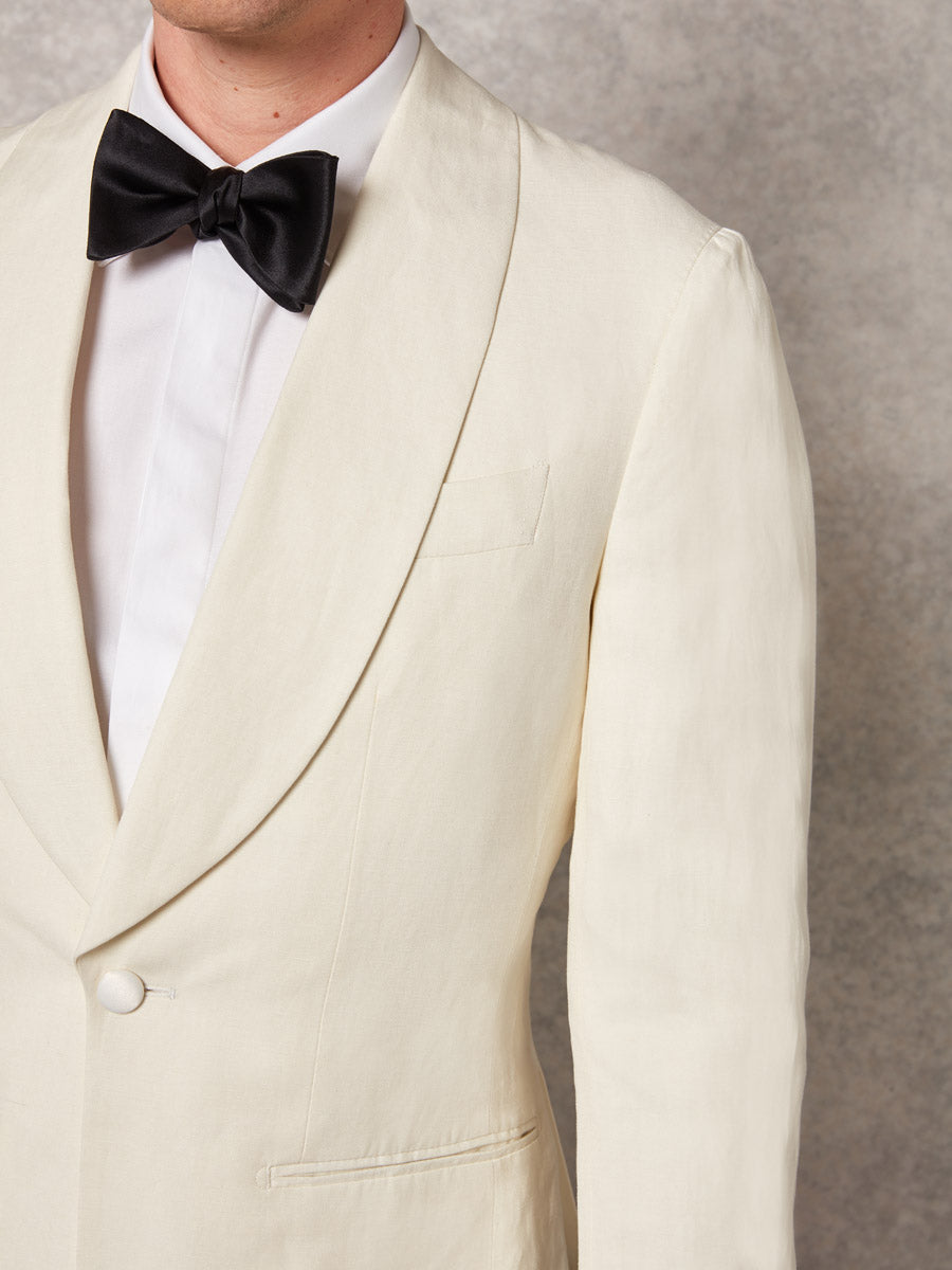 Off white silk/linen jacket + black linen tuxedo trouser - Oscar Hunt