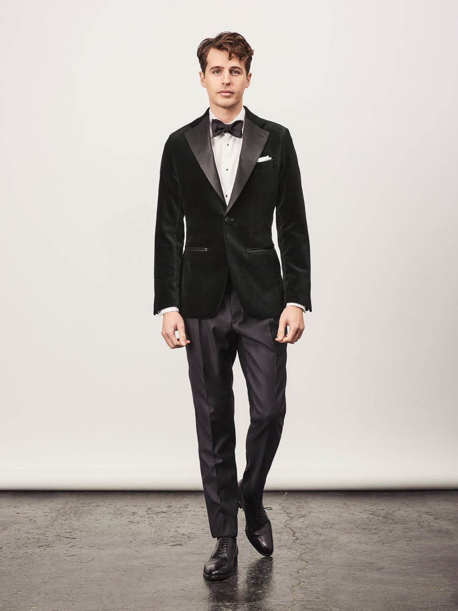 Green velvet jacket + black wool tuxedo trouser - Oscar Hunt