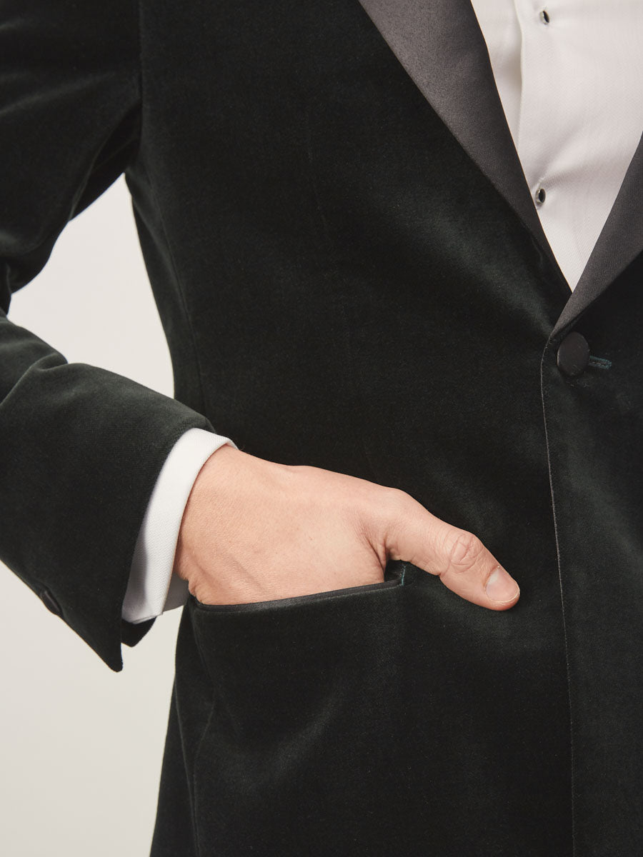 Green velvet jacket + black wool tuxedo trouser - Oscar Hunt